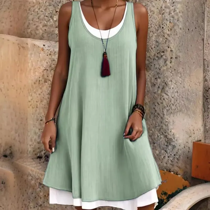Women's Solid Dress Fashion O Neck Pullover Sleeveless Fake Two Piece Loose Beach Dresses For Women Summmer New Womens Clothings