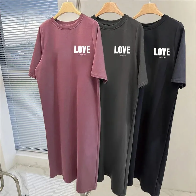 Women Plus Size LOVE Print Casual Maxi Dress Side Split Short Sleeve O-neck Loose T-shirt Dress