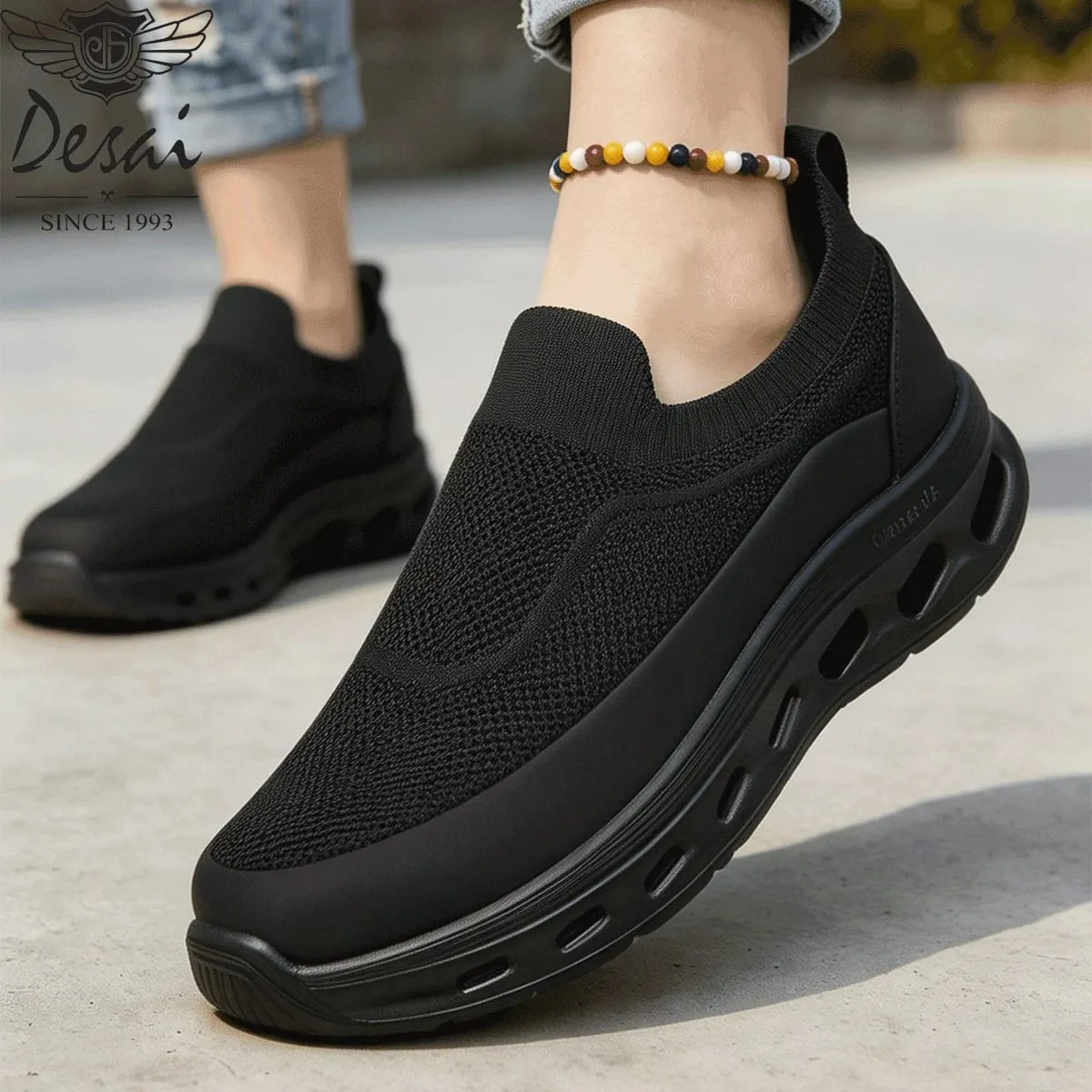 Desai Men's Wide Width Slip-on Knit Sock Sneakers Hollow-out Sole Breathable Lightweight Walking Shoes Daily Commute Outdoor