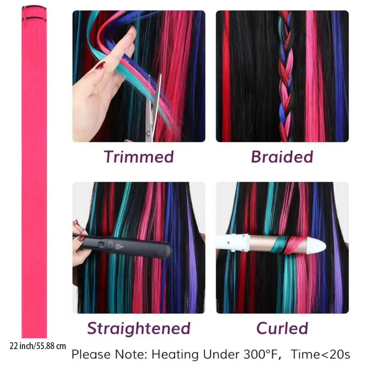 22 inch Colored Hair Extensions Straight Hairpiece Colorful Hair Extensions Party Highlights Clip in Long Synthetic Hair Extens