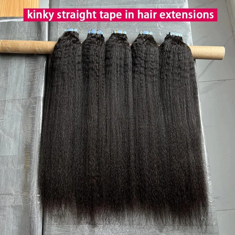 Kinky Straight Invisible Tape In Hair Extensions 100% Raw Virgin Human Hair Adhesive Seamless PU Skin Weft Full Head 40pcs — image 2