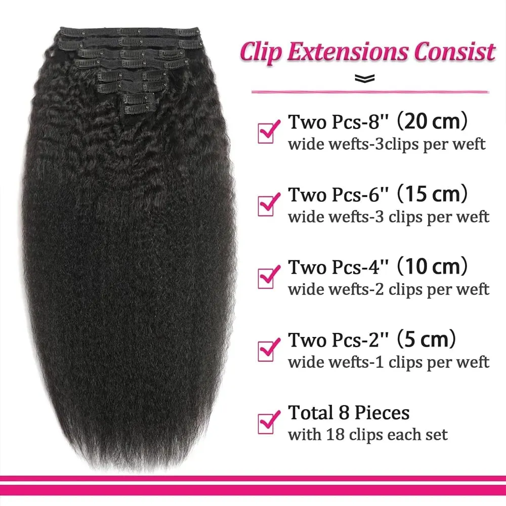 Kinky Straight Clip in Hair Extensions 100% Raw Human Hair 8Pcs Remy Hair Extensions Clip In Yaki Hair Extensions Human Hair