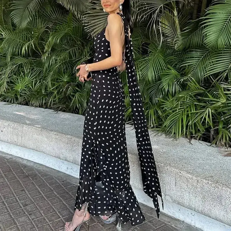 Tuularose Elegantes, gepunktetes langes Kleid für den Sommer, Schal, Band, Rüschen, Neckholder, Faltenkleid, luxuriös, ärmellos, Damen-Abendkleider