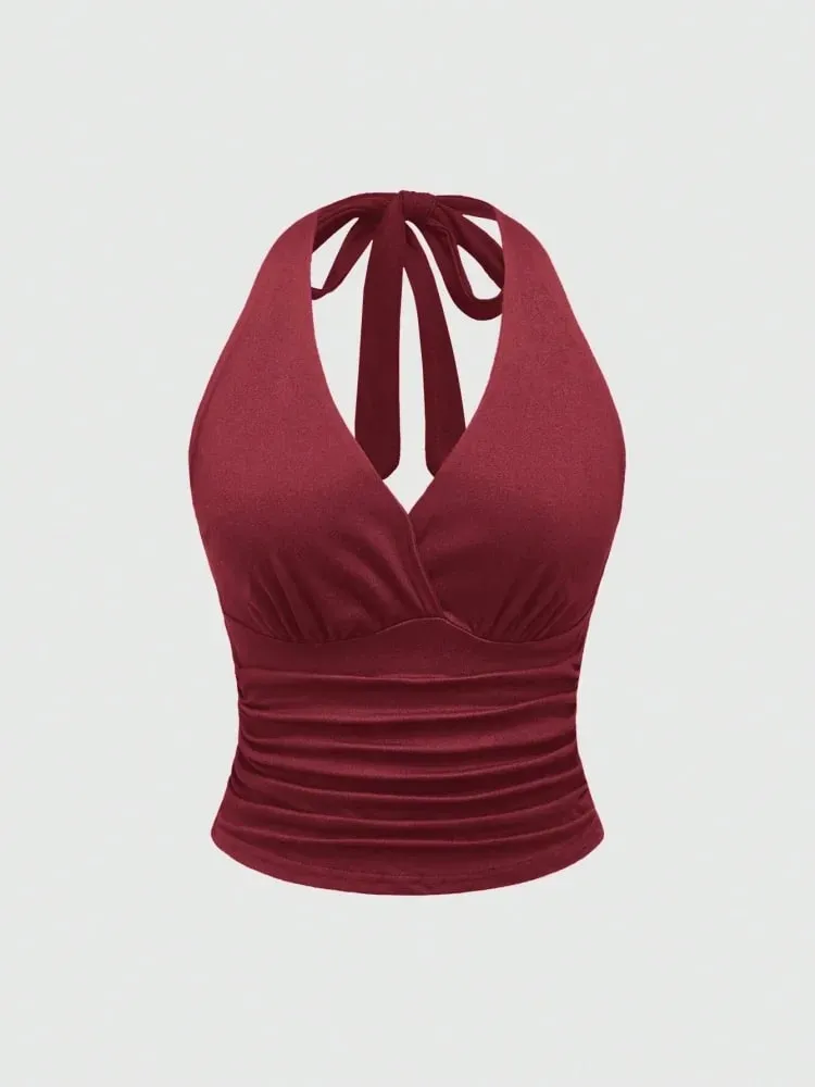 Solid V-hals Rygløs Halter Crop Top til Kvinder Sommer Sexet Y2K ærmeløs Ruched Top Streetwear
