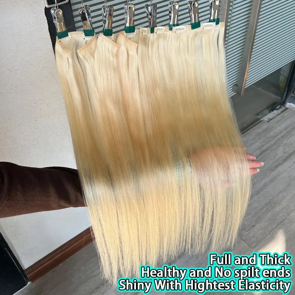 #613 Blonde Clips In Hair Extensions Human Hair Straight Natural Hair Extensions Feel Soft Hairstyle 100g/Bundles For Women