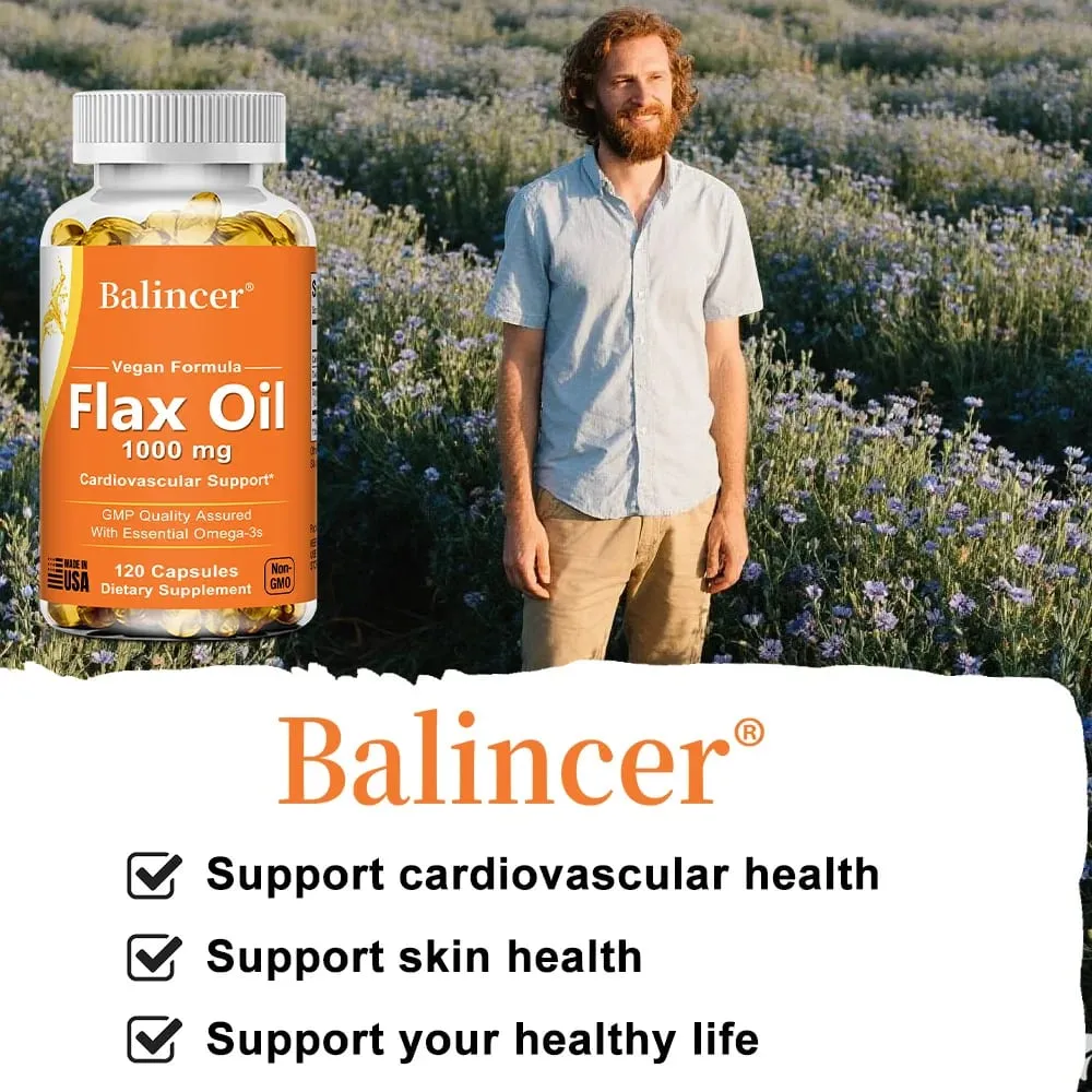 Flaxseed Oil 1000mg + Omega-3 Capsules Plant-Based Omega 3-6-9 Heart Brain Eye Joint Skin Immune & Cardiovascular Support