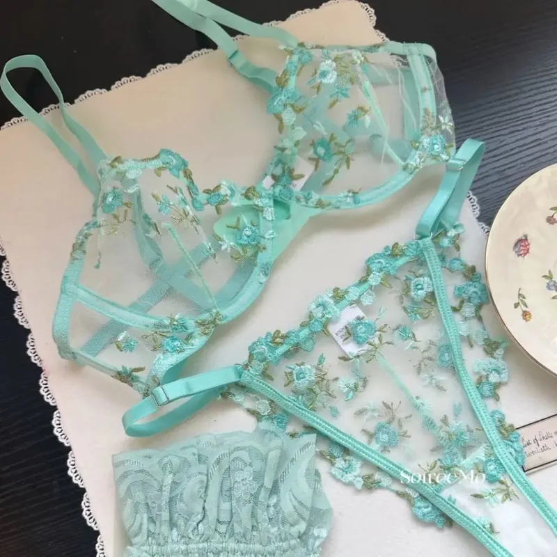 French Sheer Floral Lingerie Set Ultra Thin Sexy See Through Bralette with Soft Underwire & Women Large Bust Support S-XL MOYISU
