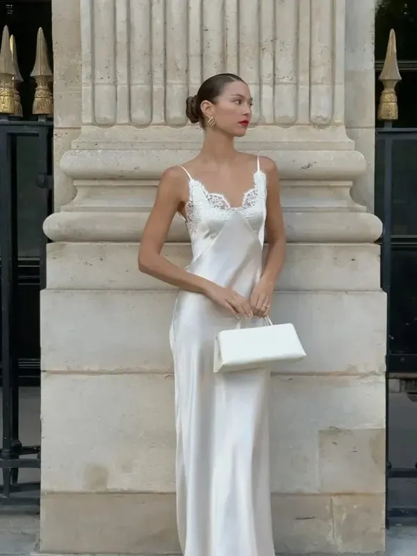 Sexy Women V-neck Satin Sling Maxi Dress Chic White Lace Patchwork Sleeveless Backless Slim Gowns Summer Evening Party Dresses