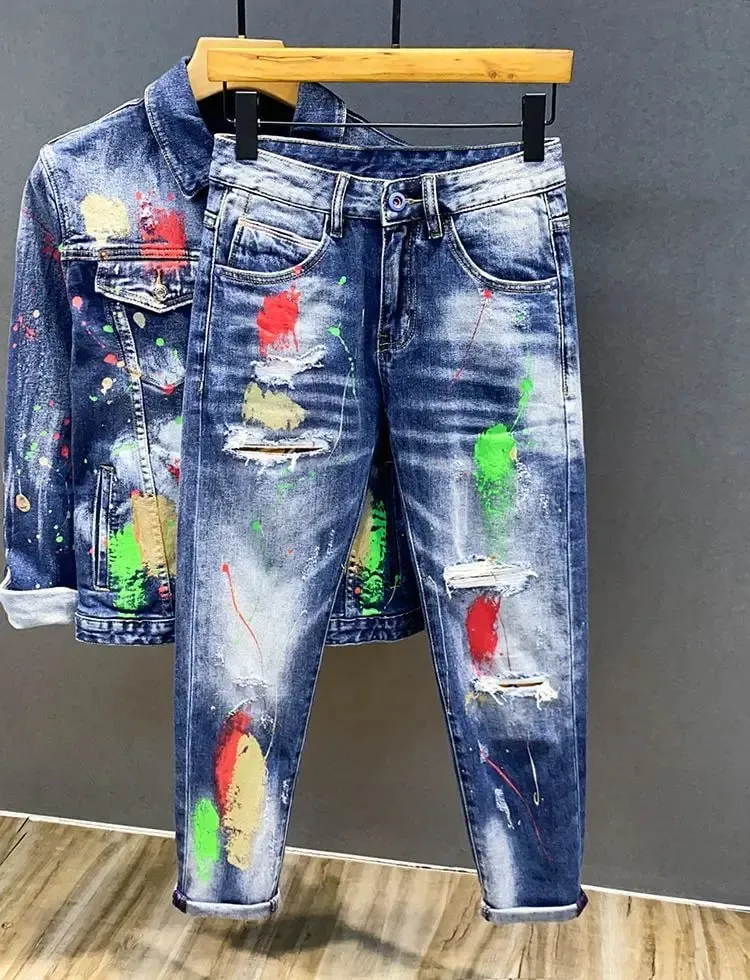 Luxury Brand 2025 Printing Graffiti Jeans Men's Fashion Ripped Spray Paint Pants Ruffian Handsome Punk Streetwears Pants Man