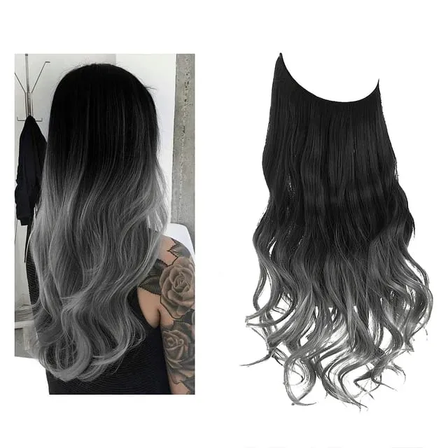 Sintético sem clipes na extensão do cabelo natural ombre preto loiro rosa uma peça onda longa fio invisível falso pedaço de cabelo