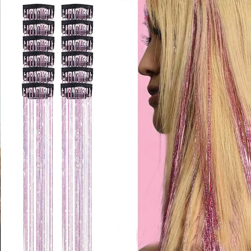 12pcs Per Pack of BB Hair Clips Shiny Metallic Hair Extensions with Clips Synthetic Hair Sparkling Hair Accessories for Women