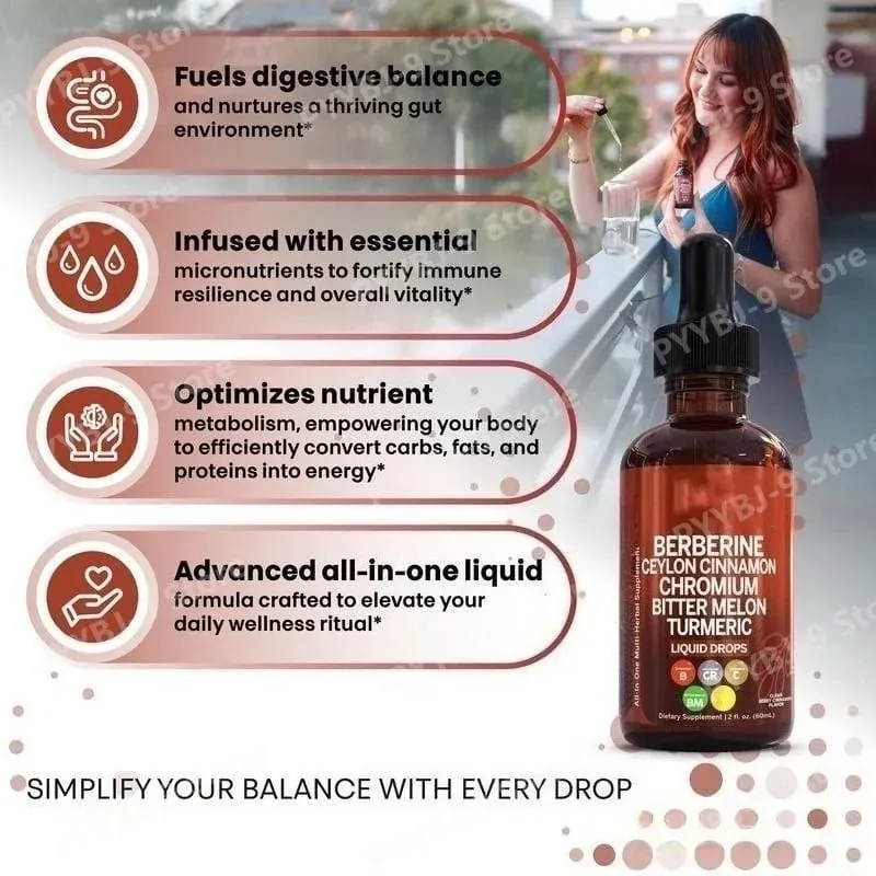 Berberine Chromium Turmeric Ginseng Liquid Drops 60ml Organic Herbal Supplement Daily Wellness Balance Support for Adults