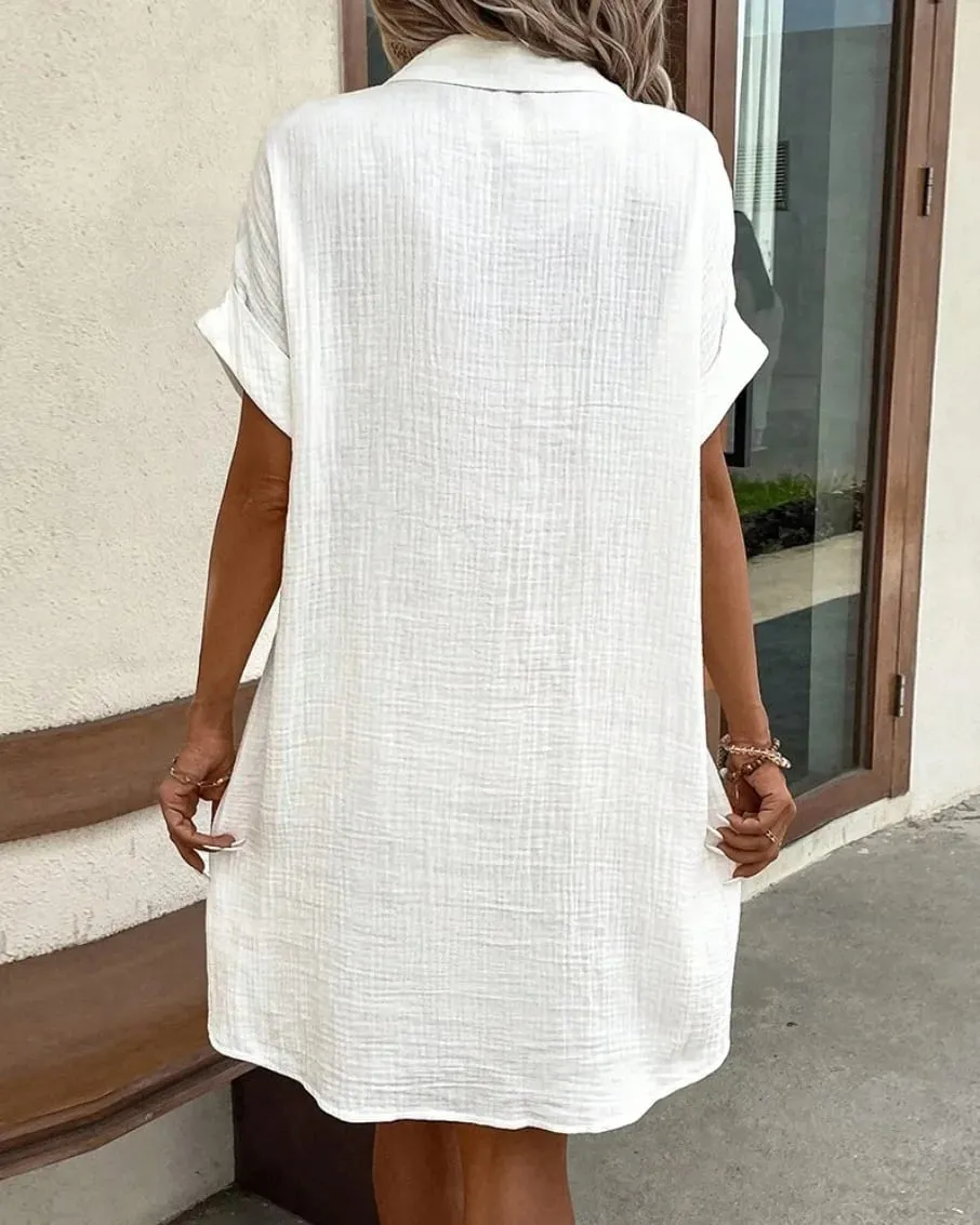 Kadınlar için moda Gevşek Elbise Tek Göğüslü Raglan Kollu Cepli Elbiseler Kadın Yaz Tunik Kısa Gömlek Elbise Ofis Bayan