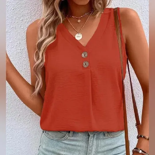 Women's V-Neck Button Tank Top Summer Lightweight Breathe Casual Loose Sleeveless T-Shirt Office Lady Basic Top