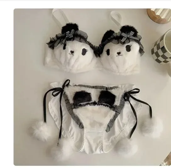 Cute Cat Paw Plush Lingerie Set for Women Warm Winter Bra & Panty with Ears Comfortable Kawaii Underwear