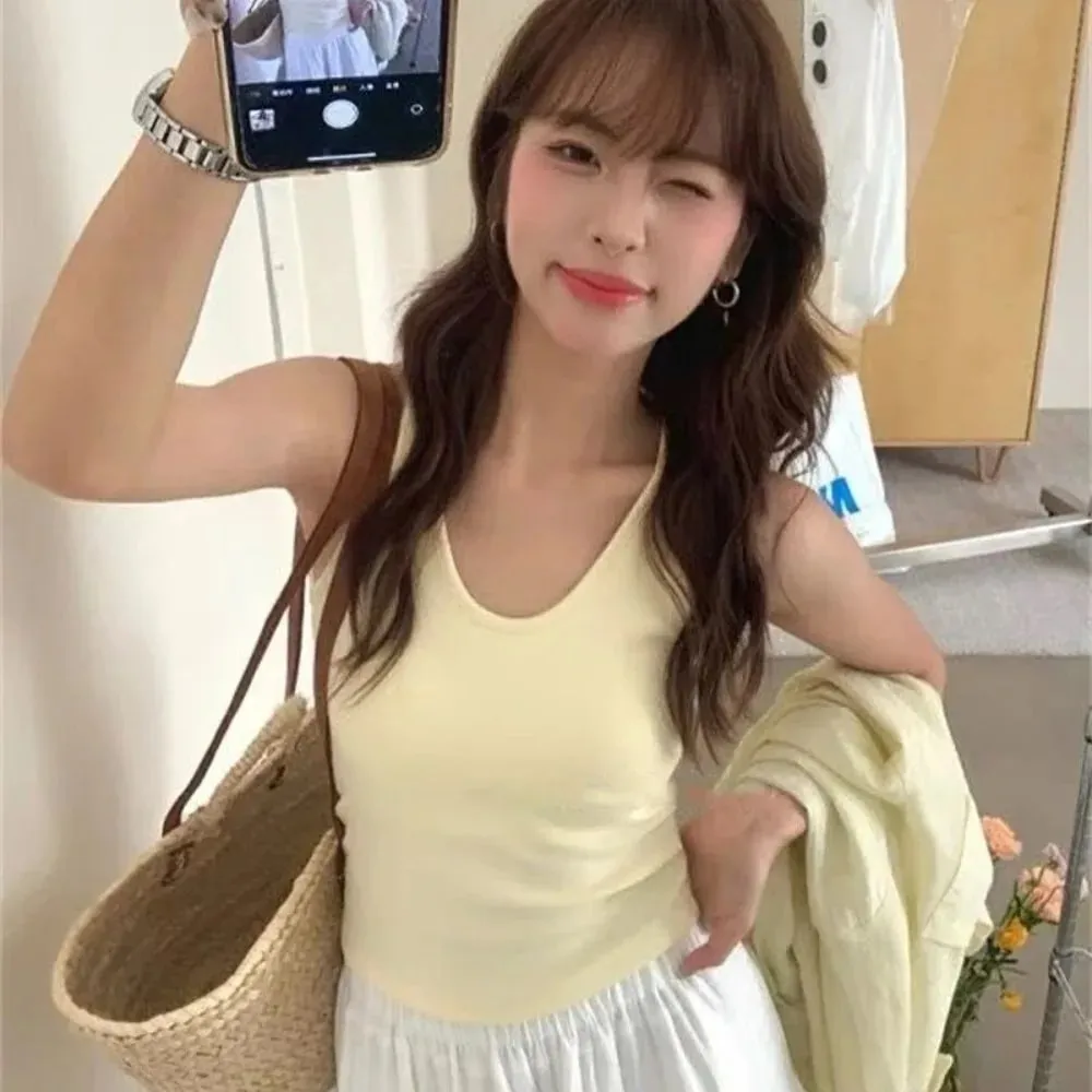 Korean Style with Chest Pad Strap Vest U-Neck Solid Color Backless Sleeveless Top Slimming Women Camis Summer