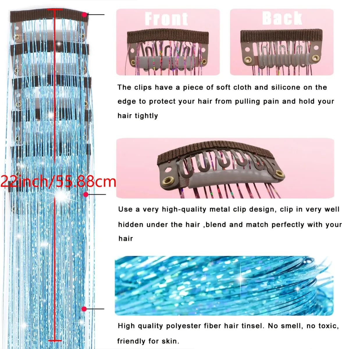 Clip In Hair Tinsel Glitter Hair Extensions Sparkly Synthetic Fiber Glitter Hair Extensions 12Pcs Shiny Fairy Hair Streaks Acc