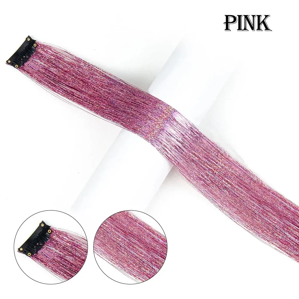 Straight Rainbow Colored Party Highlights Clip On In Hair Extensions Bling Hair Piece Synthetic Hairpieces Sparkling Tinsel Red