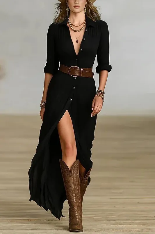 Sexy Fashion Women's Dress New French Retro V-neck Waist Pleated Loose Slit Temperament Long Sleeve Dresses For Women Robe Femal