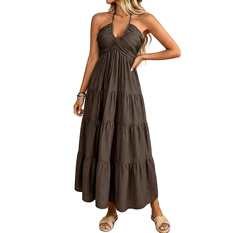 Women Summer Halter Long Maxi Dress Sleeveless V‑Neck Tiered Ruffle Sundress Casual Loose Flowy Beach Vacation Long Dresses