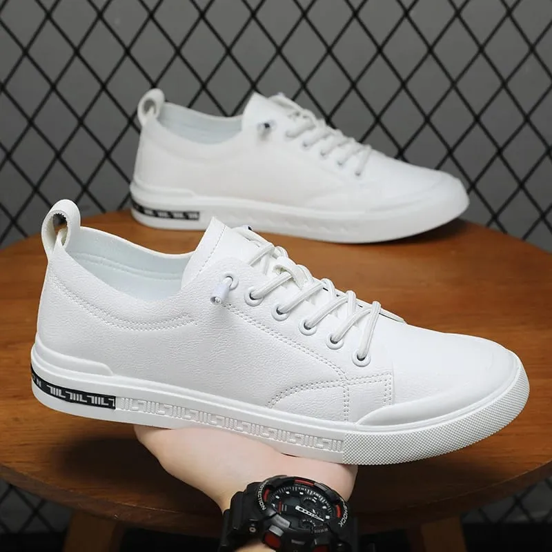 Men'S White Faux Leather Casual Sneakers Low Top Slip On Design Elastic Laces Comfortable Non Slip Sole Versatile Fashionable Sk