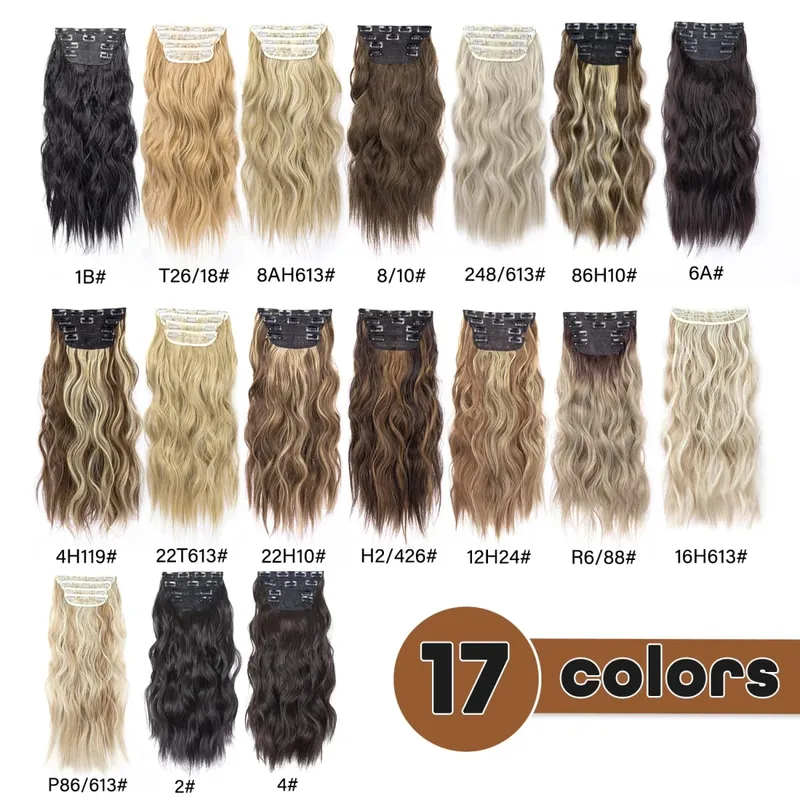 Clipe sintético longo ondulado feminino de alta temperatura, extensão de cabelo sintético, 4 peças, clipe longo, macio, ondas glam, grosso