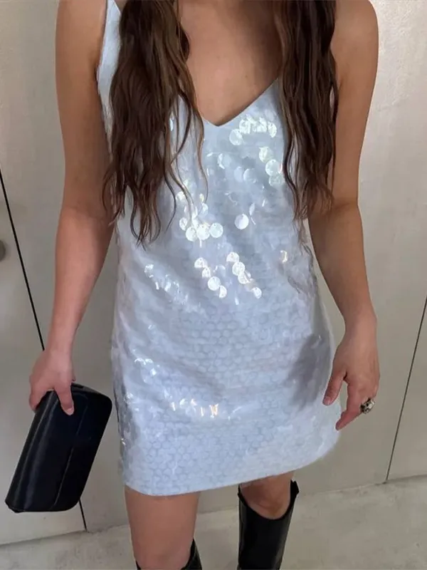 Sexy Women's Solid Sequin Sling Short Dress Sleeveless Backless V-neck Female Dresses 2026 Summer Lady Beach Holiday Vestidoes
