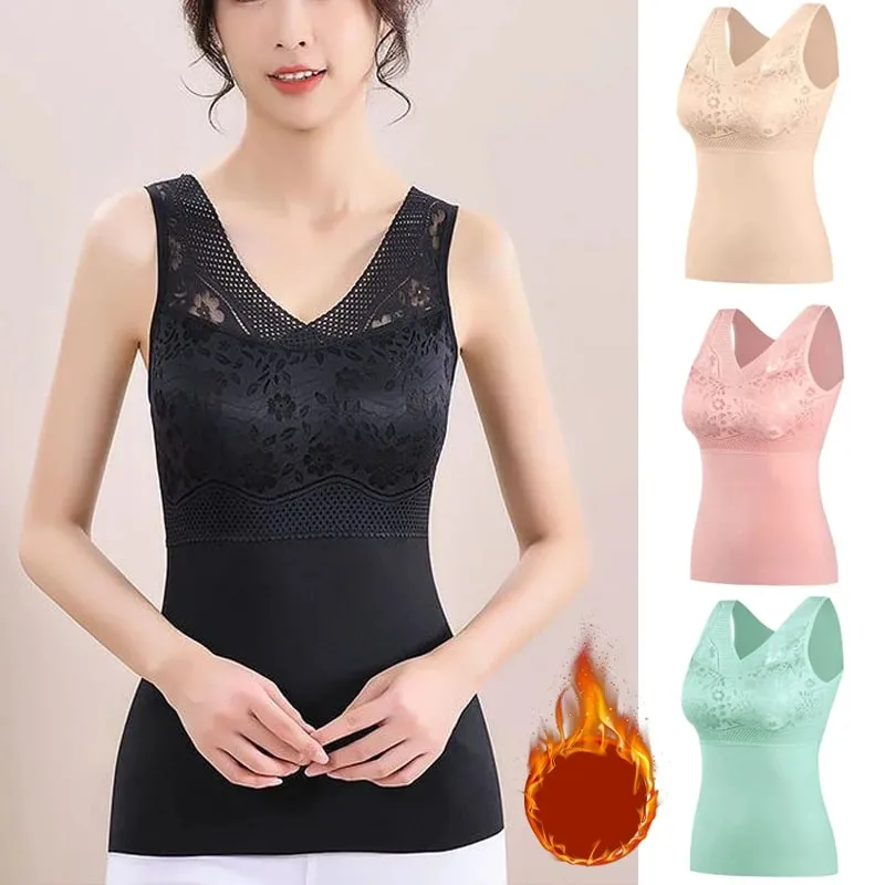 Women Winter Lace Padded Thermal Vests Soft Skin‑Friendly Undershirts Comfortable Sleeveless Inner Versatile Daily Tank Tops