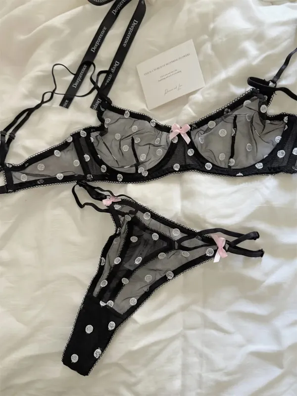 French Retro Lace Bra & Thong Set | Sexy Polka Dot Sheer Mesh Lingerie for Plus Size Big Bust Ultra Thin MOYISU Panty TUSHY Set