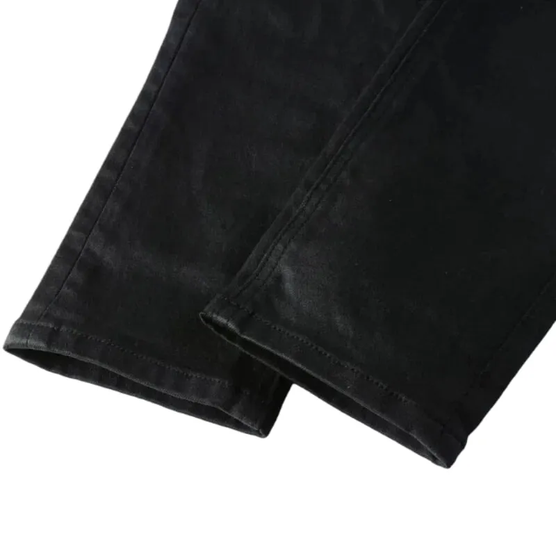 Men's High Street Black Coated Denim Jeans Washed Skinny Fit Embroidered Letter Motif Button Fly Versatile Year‑Round Outfit