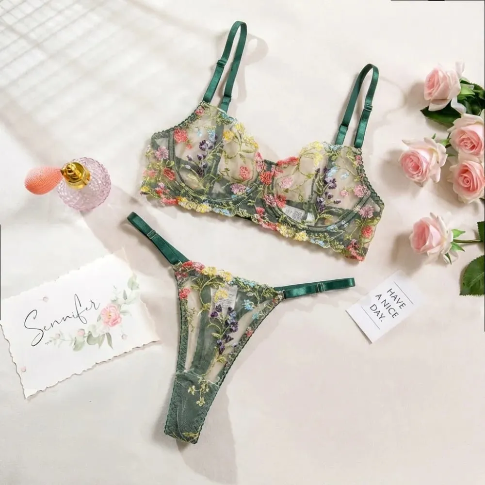 2-Piece Floral Lingerie Set Sheer Versatile Underwear Intimates Embroidery Underwire Push-up Bra Panty Set For Lady Girl