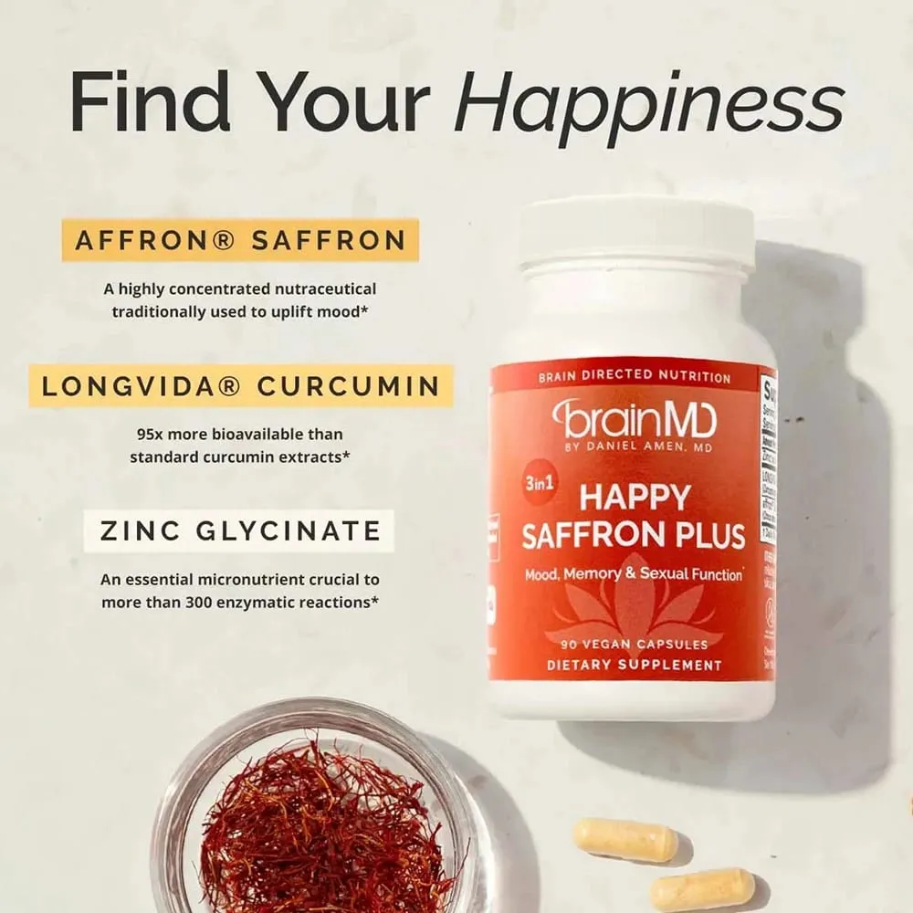 Happy Saffron Plus Supplement for Mood Memory - 90 Capsules - with Saffron Flower Extract Curcumin & Zinc - Vegan Gluten Free