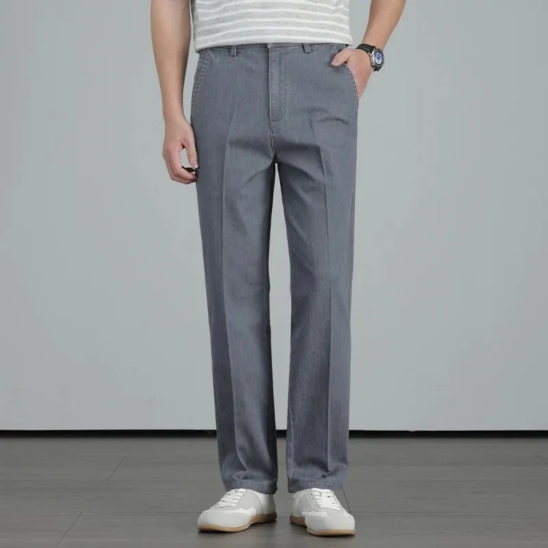 2026 Summer High Quality Clothing Men's Lightweight Straight Jeans Silk Lyocell Business Casual Thin Trousers Denim Pants