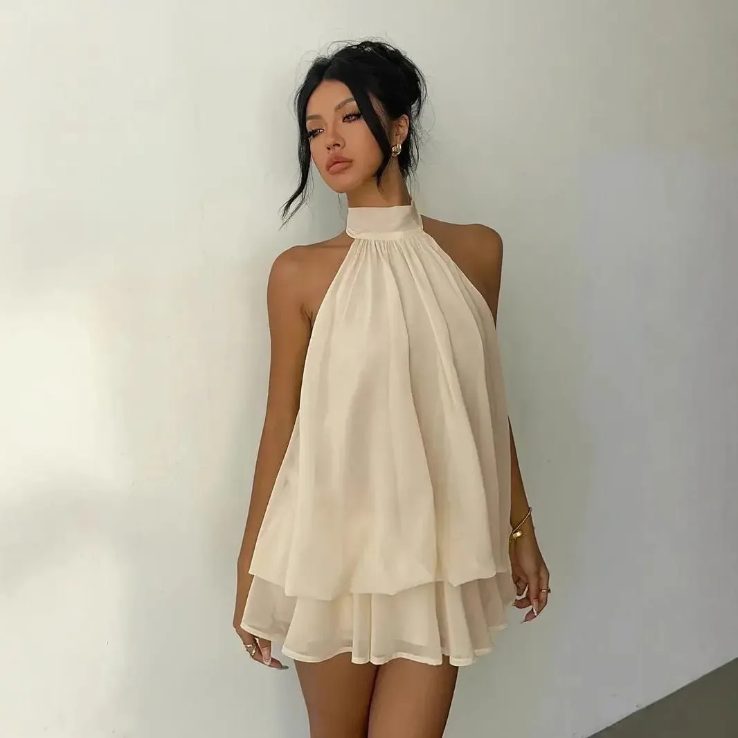 Women's Halter Neck Dress Sweet Backless Tie-Front Chiffon Sheer Mini Skirt Fashion Sexy Y2K Vintage Cute Party Birthday Dress