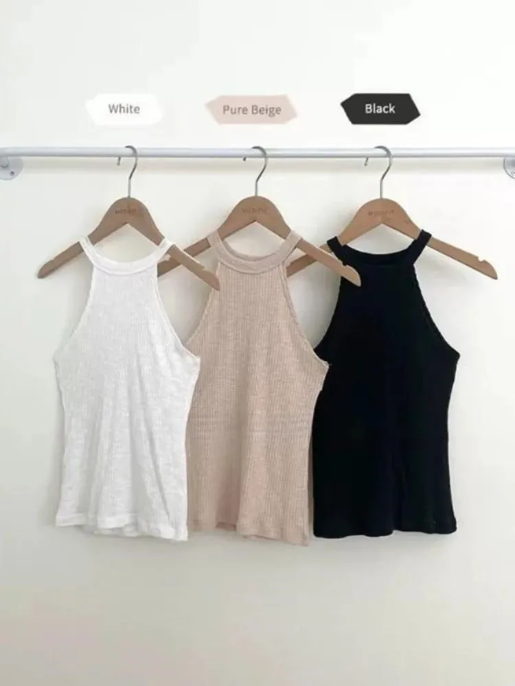 Halter Off Shoulder Crop Top Korean New Arrival Elegant Slim O-Neck Tank Top Women Fashion Figure Flattering Sleeveless Camis