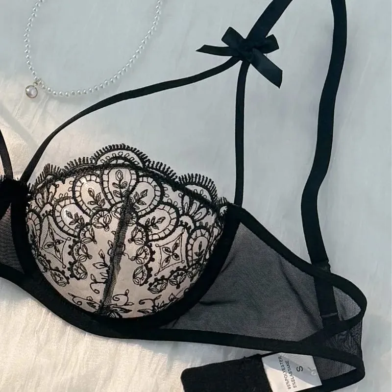 2 피스 여성용 블랙 편안한 경량 보우 여성용 레이스 자수 반투명 조절 가능한 스트랩 브래지어와 팬티 세트