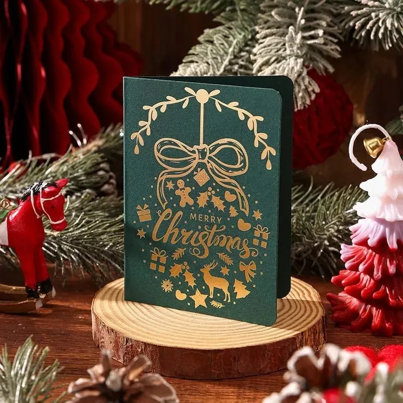 10Pcs Vintage Gold Foil Christmas Folding Greeting Cards Multi Pattern Blessing Holiday Cards New Year Postcard Gift Cards