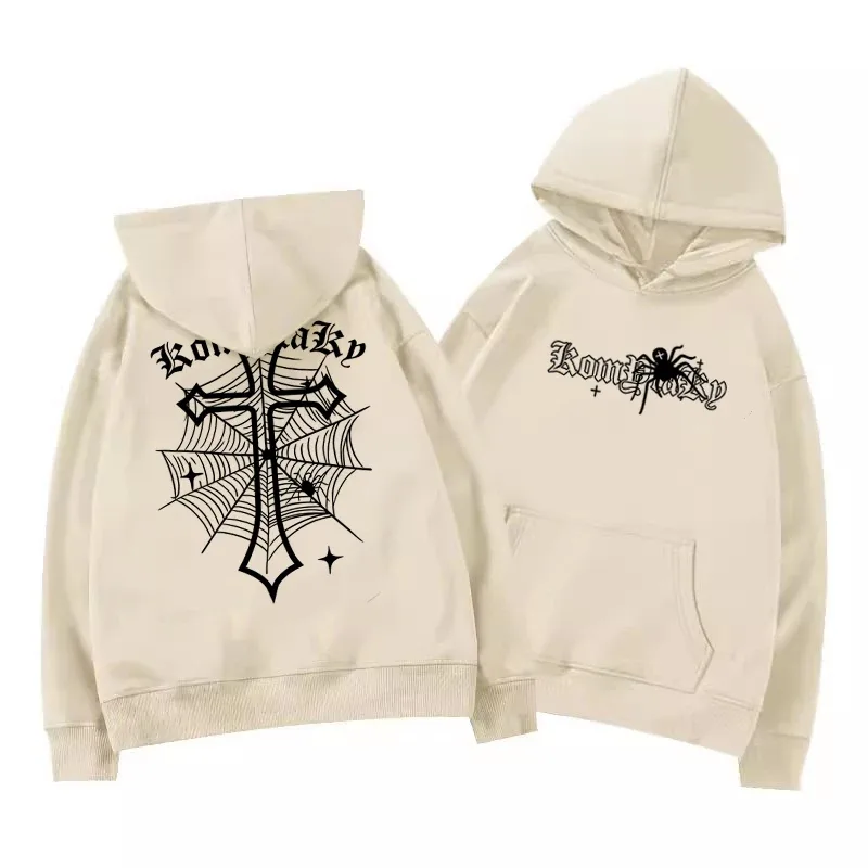 European American High Street Spider Cross Autumn Winter Fleece Warm Hooded Sweatshirt Casual Adult Men Versatile Soft Daily Use