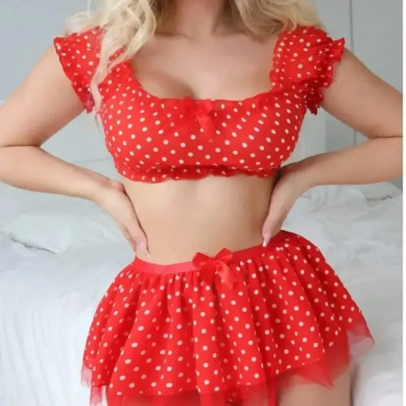 Women's Sexy Polka Dot 2 Piece Lingerie Set Off Shoulder Mesh Tulle Skirt with Garter Straps for Nightwear