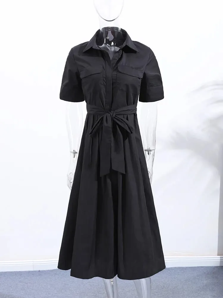 Elegant Belt Women Long Black Dress Full Sleeve Pleated Lapel Waist-Closed Female A Line Dresses 2026 Spring Lady Robes New