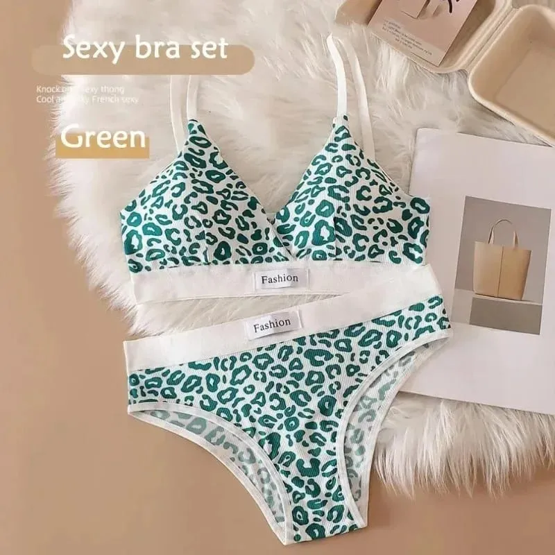 Women Seamless Bra Set Sexy Lingerie Low Waist Panties Leopard Bralette Set Vneck Sport Brassiere Female Cotton Underwear Set