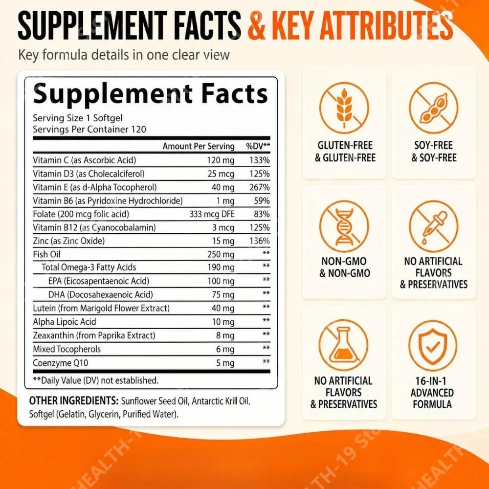 Acentiallabs Lutein Zeaxanthin Softgels 40mg Omega-3 EPA DHA Vitamins For Eye Health & Blue Light Support Adult 120 Count