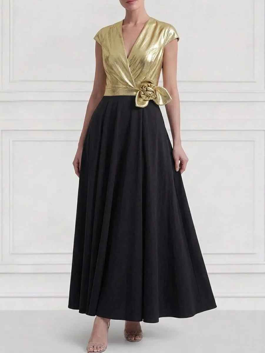 Women's Cap Sleeve V Neck Wrap Maxi Dress Contrast Splicing Floral Applique Detail A Line Pleated Long Dress Elegant Formal Evening Outfit