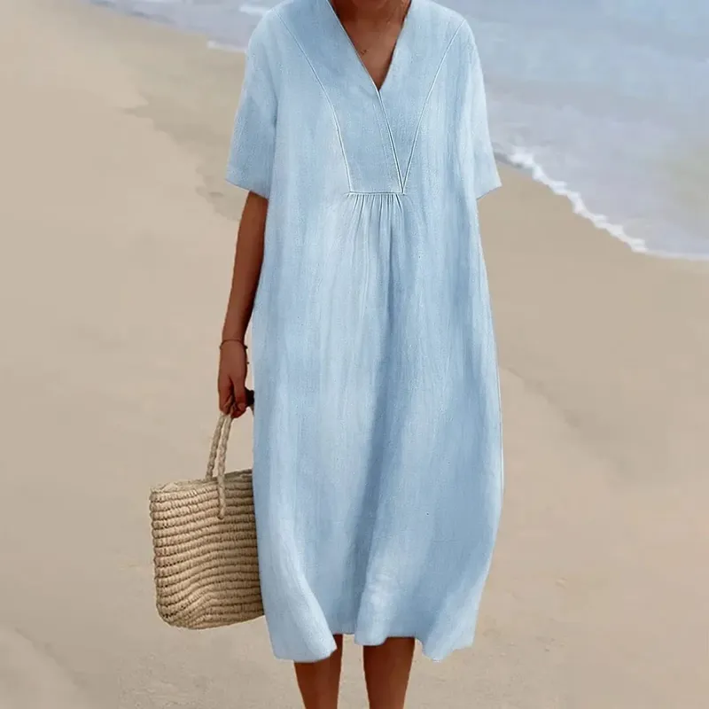 Women Casual Solid Dress Short Sleeve V Neck Pocket Dress Long Loose Dress Dresses for Women Party Casual