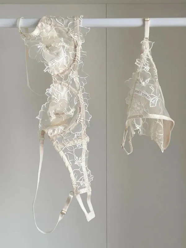 Set reggiseno imbottito con busto piccolo | Set di biancheria intima in pizzo ricamato e rete con morbido ferretto, comoda demi cup, mutandine sexy Tushy in PP