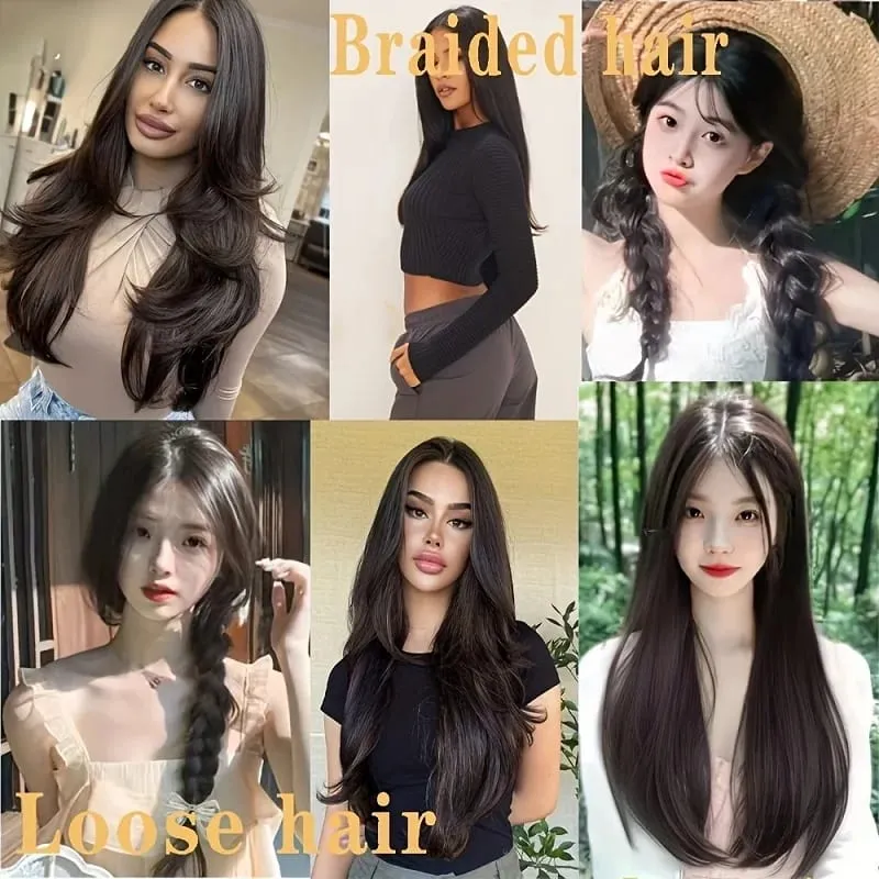 18Inch Synthetic Elegant V-Shape Internal Buckle Clip-In Hair Extensions Invisible Soft Hairpiece for Women Daily Use