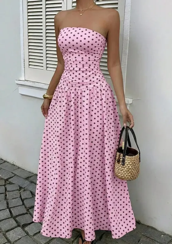 Summer Polka Dot Vintage Strapless Sleeveless Long Prom Dress Women Fashion Off Shoulder Slim Ruffles Tube Maxi Dresses Elegant