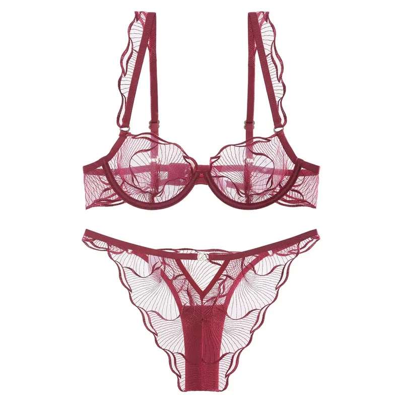 Elegant French Lace Minimiser Bra Large Chest Pure Embroidery Ultra Thin UK Fit Plate Size Wirefree Anti-Sagging Set​​ MOYISU AB