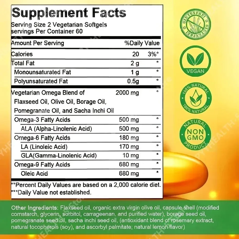 Plant-Based Omega 3-6-9 Softgels Natural Dietary Supplement Supports Skin Eye & Overall Health 100% Vegan Sourced 120 Softgels