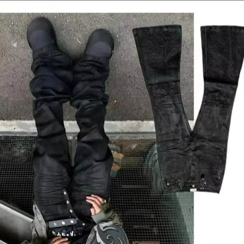 American retro heavy industry men and women black gothic retro casual loose jeans High street coated micro-flare jeans